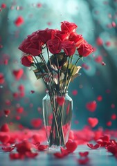Obraz premium Glass vase of red roses with red heart-shaped petals