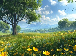 idyllic landscape with a large tree and yellow flowers in the foreground