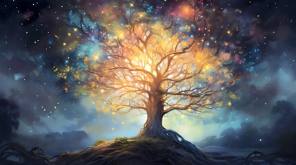 Design a watercolor background featuring an ancient tree illuminated by fireflies at dusk