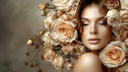Woman holding large bouquet of fresh flowers in place of face in vintage portrait. Concept Vintage Photography, Flower Art, Creative Portrait, Floral Aesthetics, Unique Concept
