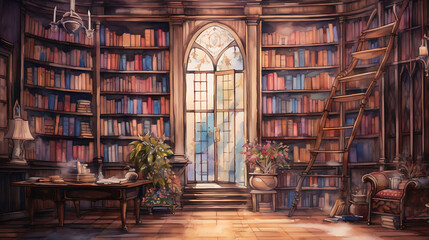 Design a watercolor background featuring an antique bookshop, with shelves overflowing with books and the cozy ambiance of a bygone era