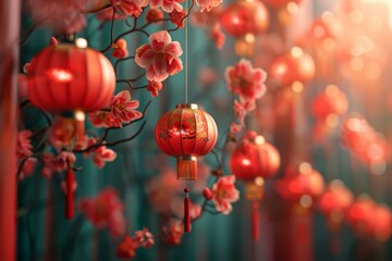 Obraz premium Red paper lanterns hanging from a tree with pink flowers