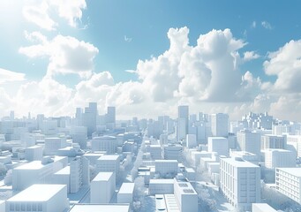 A 3D rendering of a city with white buildings and blue sky