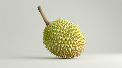 A detailed image of a whole durian fruit, known for its distinctive spikes and strong aroma, isolated on a white background.