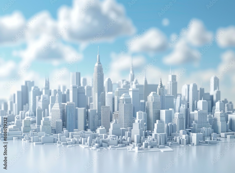 Poster a 3d rendering of a city with skyscrapers and clouds in the background