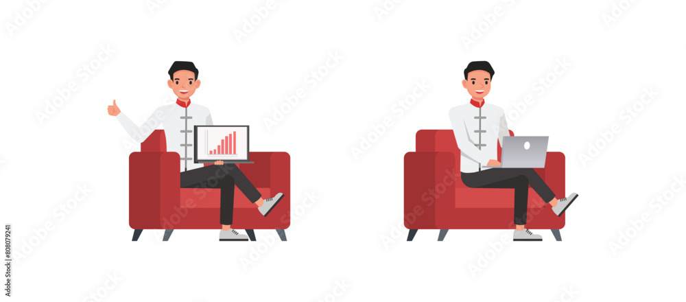 Poster set of businessman character vector design. chinese man sitting and showing growth graph on computer