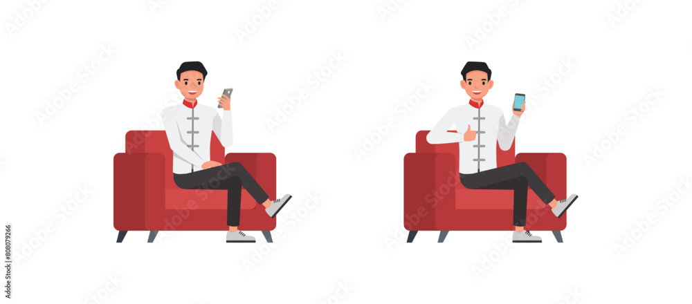 Poster set of businessman character vector design. chinese man sitting and showing mobile phone illustratio