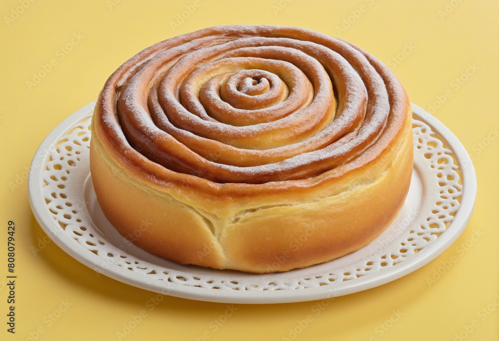 Poster scrumptious cinnamon pastry art on vibrant yellow backdrop - a delightful creation of generative ai