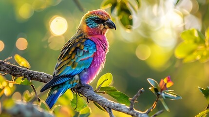 A vibrant bird perched on a tree branch, its colorful plumage shining in the sunlight.