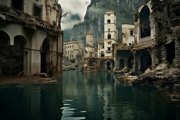 flooded, gorge lake, medieval town submerged, castle ruins submerged, vajont