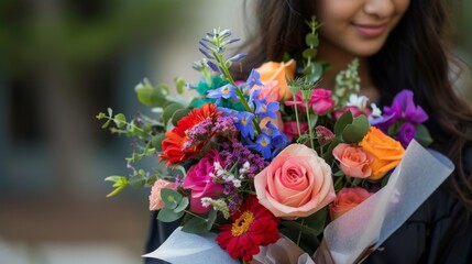 a young woman holding flowers bouquet