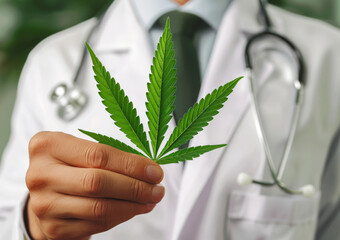 Close up of doctor holding a cannabis leaf