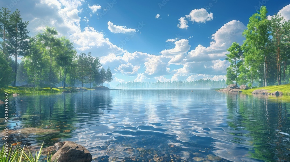 Poster Tranquil Lake in the Midst of Lush Greenery and Towering Trees