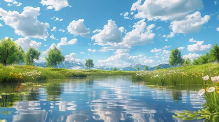 Fototapeta premium Mountains and lake in the distance with green field and flowers in the foreground
