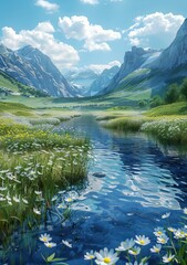 Fototapeta premium The river flows through the middle of the valley between the mountains