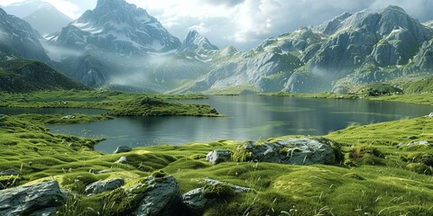 Mountains, lake and green fields