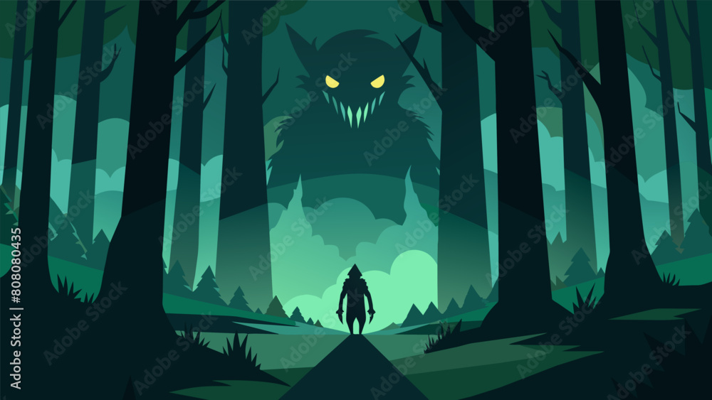 Aufkleber a dark forest with the emerald trees casting long shadows that seem to morph into terrifying creatur