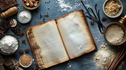 Blank cookbook mockup open to a dessert recipe page, surrounded by ingredients like vanilla beans and powdered sugar