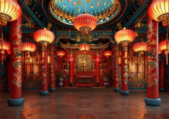ornate oriental temple with red pillars and lanterns
