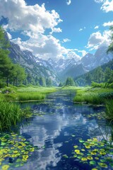 Fototapeta premium Mountains, river and green field with flowers