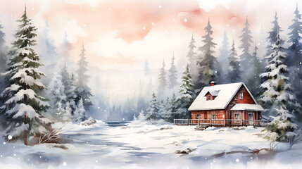 Obraz na płótnie Canvas Design a watercolor background of a cozy winter scene with a cabin, pine trees, and snow gently falling