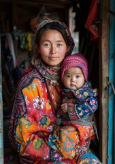 A woman from the Lisu ethnic minority group in China holds her baby in a traditionalæ¹ç°èƒŒç¯¼