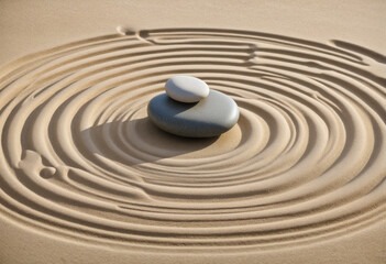 Meditative Japanese Zen garden with carefully arranged stones and lines in the calming sand landscape