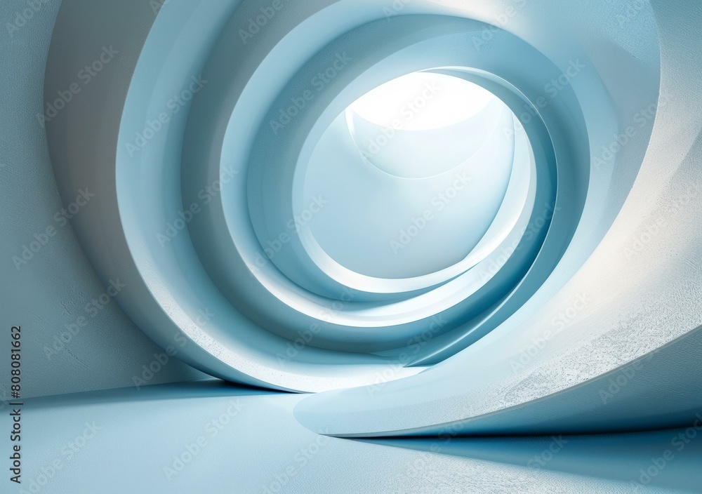Poster blue and white abstract 3d rendering of a curved tunnel
