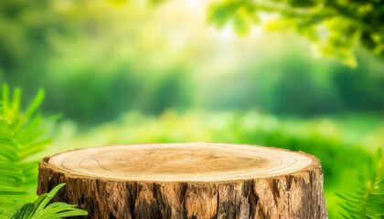 Beautiful texture of old tree stump table top on blur fruit garden farm background.For create product display or design key visual layout.
