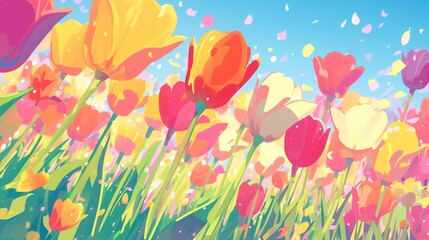A colorful array of tulips in bloom, their vibrant hues creating a stunning display of natural beauty, anime background