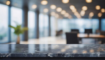 Black stone table top and blurred bokeh office interior space background - can used for display or montage your products