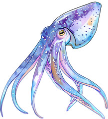Cute Squid, Octopus, Cuttlefish, Watercolor style , Illustration, transparent background