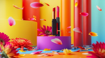 A vibrant, pop-art inspired podium with bold colors, displaying a trendy lipstick range, with scattered petals of various bright flowers around, 
