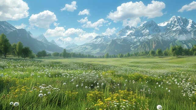 Alpine meadow in the Swiss Alps with snow capped mountains in the distance