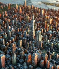 A miniature model of New York City with the Empire State Building in focus