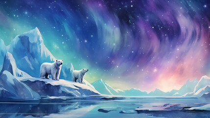 Design a watercolor background showcasing an arctic scene with polar bears on an ice floe under the aurora borealis