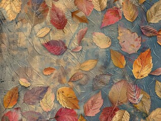 Autumn leaves overlay on textured ground, a blend of vibrant colors and earthy tones Ideal for seasonal designs