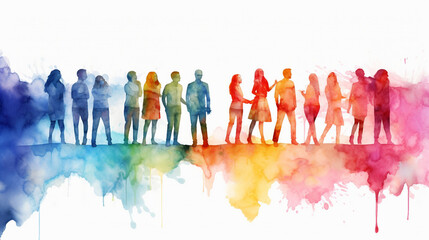 Multicolored Spectrum Silhouettes of People Celebrating Unity and Diversity on White Background - Vibrant Watercolor Illustration of Community and Joy