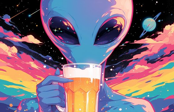 colourful rainbow alien drinking beer against a black background in the style of a cartoon
