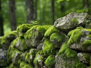 Close-up of moss-covered stones in a serene forest, showcasing nature's textures for peaceful backgrounds