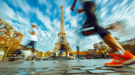 Olympic games picture concept. Motion blur of many athletes running on the city street with eiffel...
