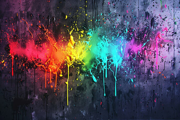 A vibrant tapestry of neon paint splashes against a gritty, urban concrete wall, capturing the...
