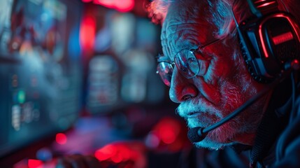 Obraz premium Elderly man gaming intensely using a headset in a room illuminated by neon lights