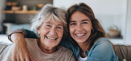 Cheerful senior mother and woman sitting together on sofa at home