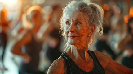 Obraz premium Senior woman with a serene expression participating in a yoga class at sunset