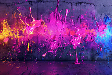 A vibrant tapestry of neon paint splashes against a gritty, urban concrete wall, capturing the...