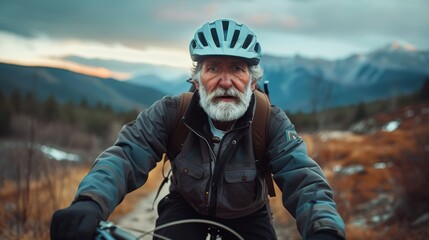 Elderly man cycling on mountain road at sunset with helmet and outdoor gear