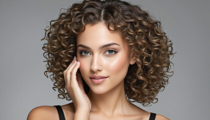 Beautiful young woman with curly hair posing elegantly in front of an empty space, perfect for advertising fashion or hair care products 