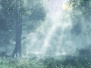 Enchanted forest clearing, rays of light piercing through mist and clouds, invoking a sense of wonder