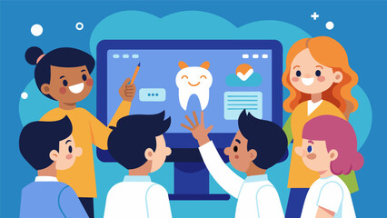 A group of students use an interactive game to learn about the importance of dental hygiene brushing their virtual teeth with the touch of a finger.. Vector illustration